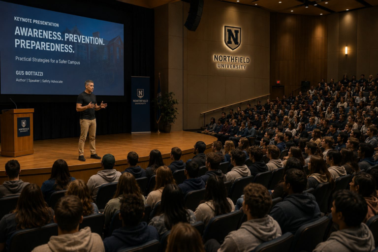 Gus Bottazzi delivering a campus safety keynote presentation to college students inside a modern university auditorium.