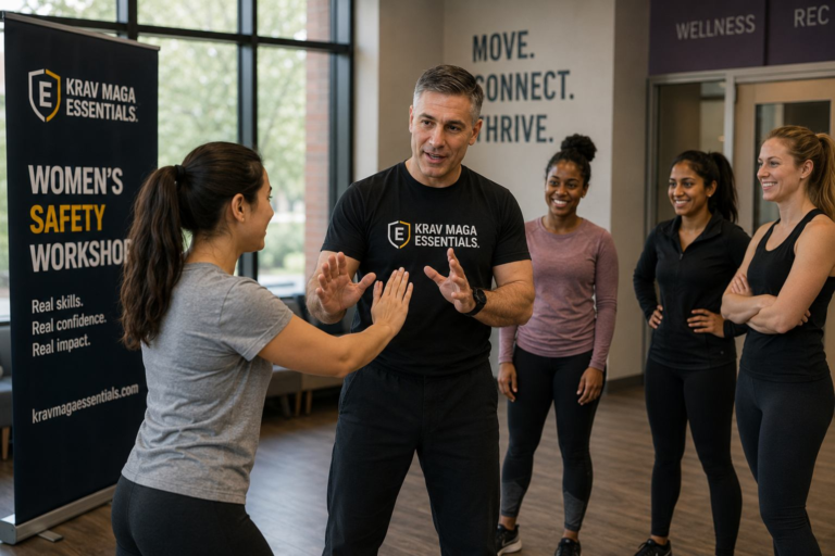 Women participating in a campus self-defense workshop led by Gus Bottazzi.