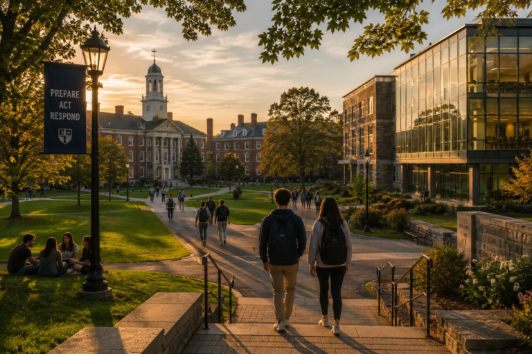 Students walking through a beautiful New England university campus during golden hour with historic academic buildings, modern architecture, and a calm collegiate atmosphere.