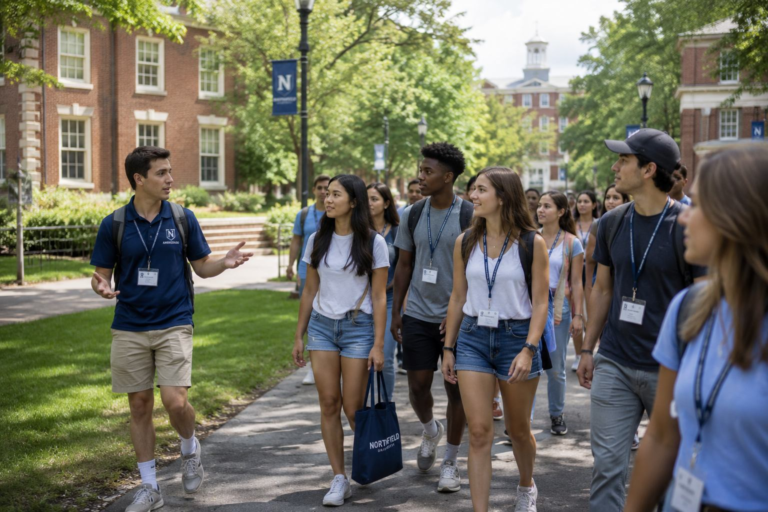 Student ambassadors leading incoming freshmen on a university orientation tour across a sunny college campus.