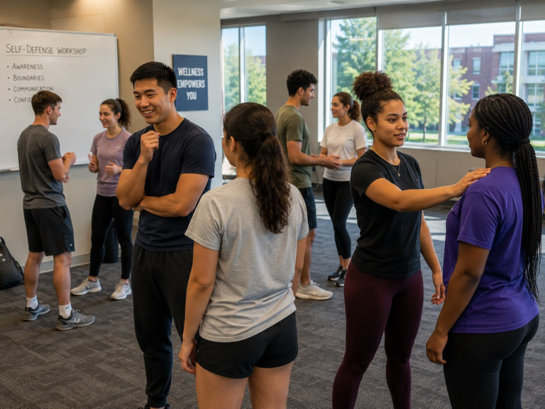 Diverse college students participating in a self-defense awareness and communication workshop inside a modern university wellness and student support space.