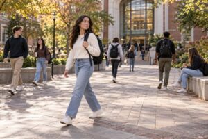 College student with a backpack changing direction on a university courtyard walkway.