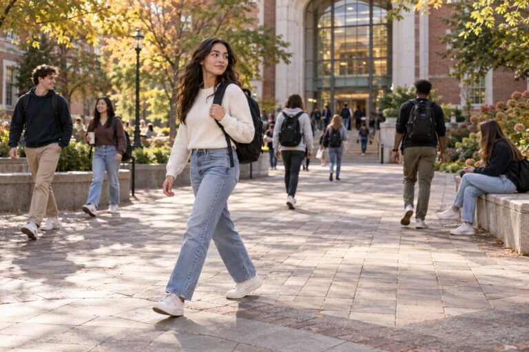 College student with a backpack changing direction on a university courtyard walkway.