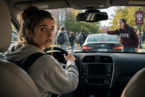 College student choosing conflict de-escalation while driving near a university campus