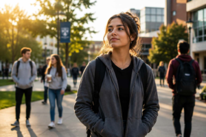 Confident college student standing on campus representing personal safety, confidence, and preparedness