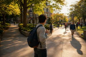 College student choosing a well-lit campus walkway as part of smart personal safety decision-making