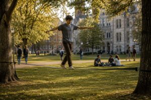 College student carefully balancing on a slackline between trees on a university campus.