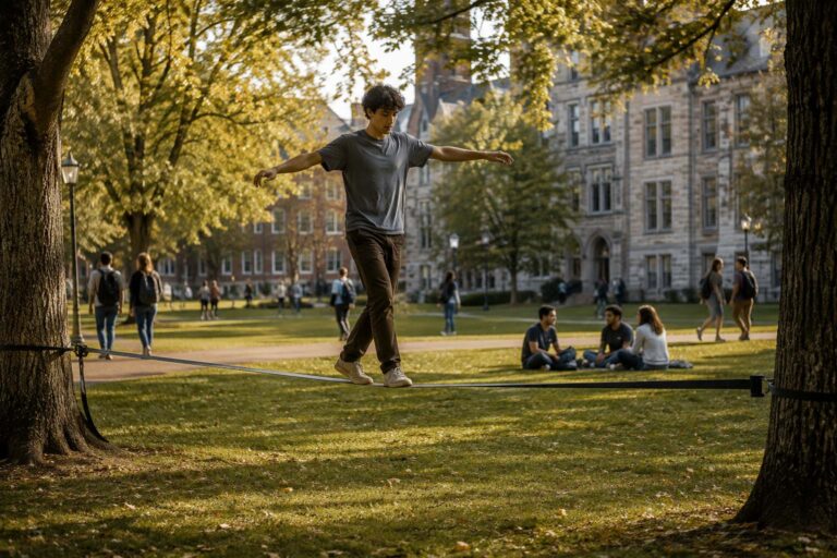 College student carefully balancing on a slackline between trees on a university campus.