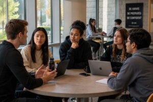 College students discussing personal safety, boundaries, and situational awareness on campus
