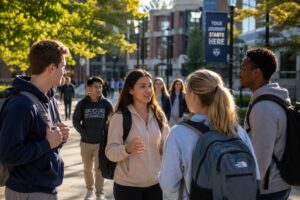 College students participating in a campus safety and situational awareness discussion on a university campus