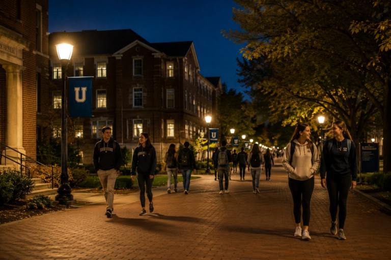Diverse college students walking along a well-lit campus pathway at dusk with academic buildings and warm lamppost lighting.