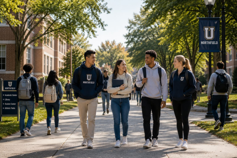 Diverse college students walking together through a sunny university campus with academic buildings and tree-lined pathways.