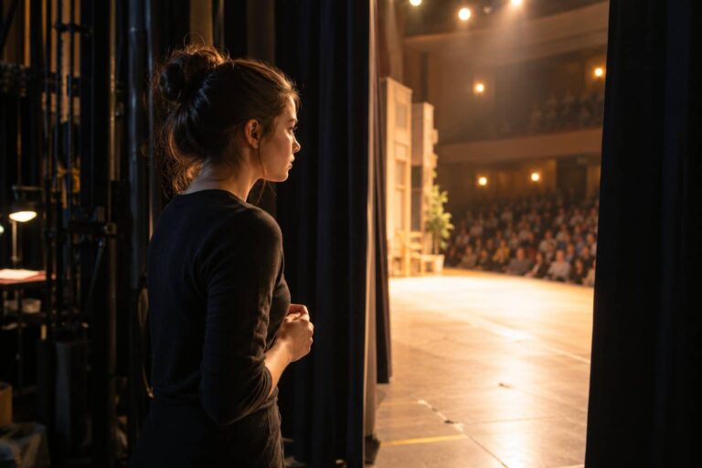 College theater student waiting in the wings before stepping onto a university stage, illustrating preparation and performing under pressure.