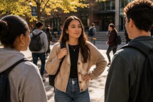 Confident female college student speaking with peers in a university courtyard while maintaining calm and assertive body language in a modern campus setting.