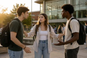 College student calmly de-escalating a disagreement between two students outside a university student center.