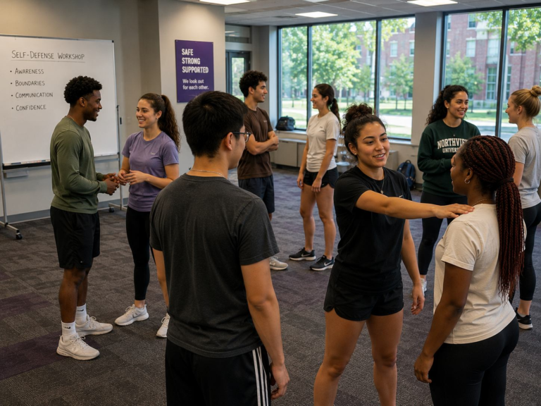 Diverse college students participating in a supportive self-defense and awareness workshop inside a modern university classroom and wellness environment.