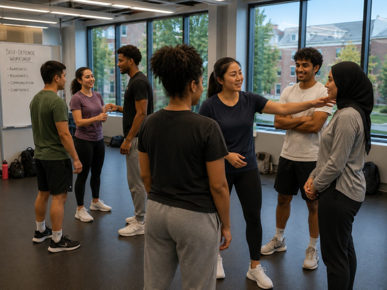Diverse college students participating in a self-defense awareness workshop inside a modern university wellness space with students practicing communication and confidence-building exercises in small groups.