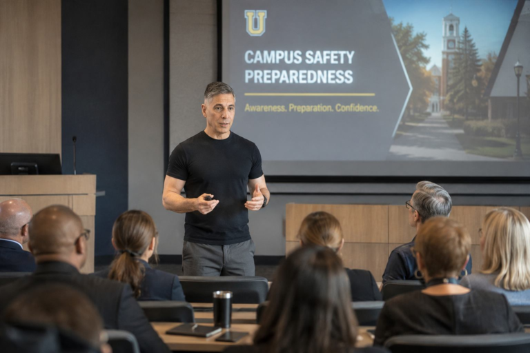 Gus Bottazzi leading a campus safety preparedness seminar for university faculty and staff in a modern lecture hall.