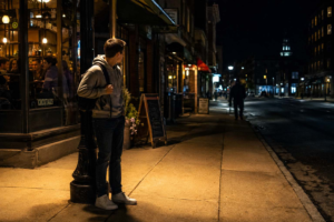 College student staying alert under a streetlight near a busy storefront while noticing a distant figure on a dark city sidewalk.