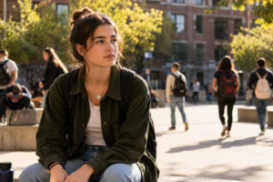 Confident college student sitting outdoors on a university campus while thoughtfully observing the activity around them.