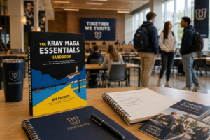 The Krav Maga Essentials Handbook displayed with student materials in a modern university setting.