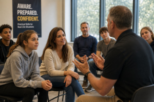 Mother and teenage daughter listening to an instructor during a practical personal safety workshop with other parents and teens.