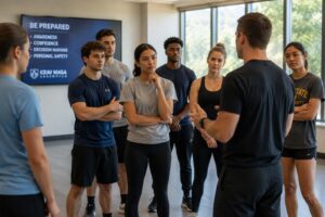 College students participating in a practical self-defense and personal safety workshop on campus