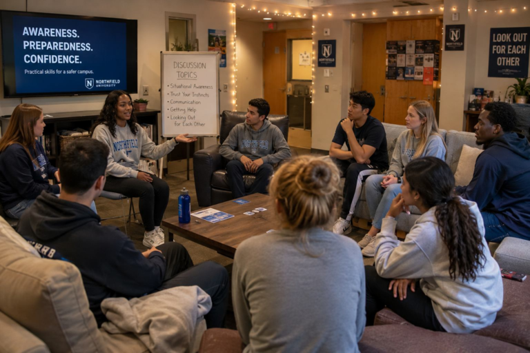 College students participating in a campus safety workshop inside a university residence hall common room.