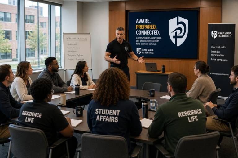 Residence life and student affairs professionals attending a campus preparedness workshop.