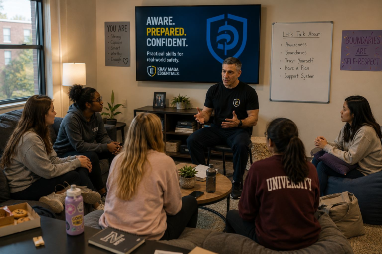College students participating in a women’s safety discussion inside a residence hall common room.