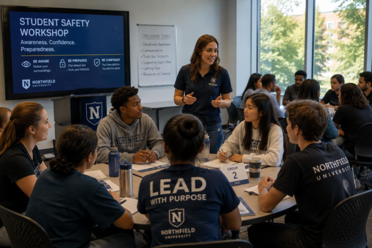 Diverse college students participating in a campus safety workshop inside a modern university meeting space.