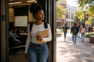 Female college student leaving a lecture hall and stepping onto campus.