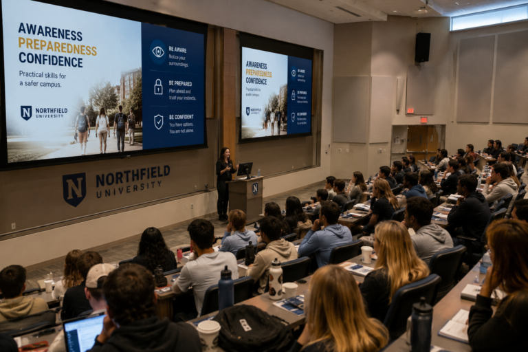 College students attending a campus safety seminar in a modern university lecture hall with awareness and preparedness presentations.