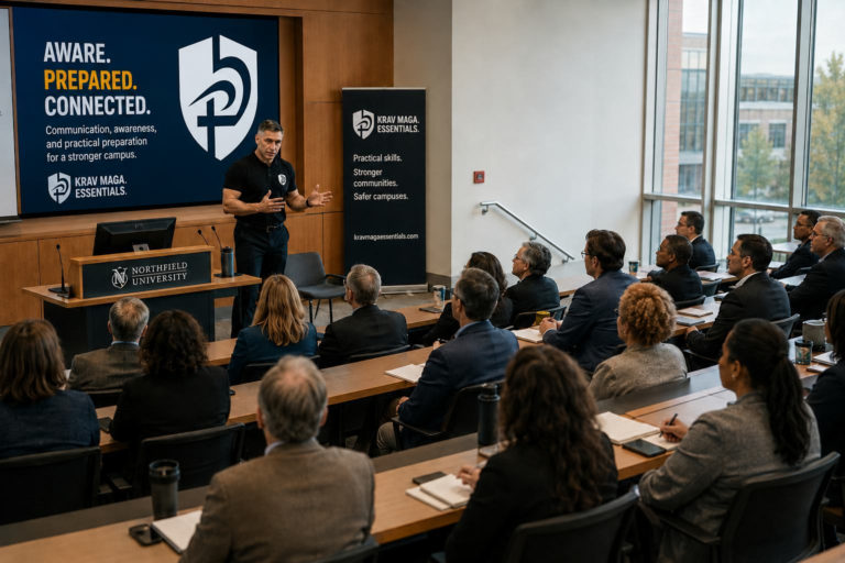 University faculty and staff attending a campus safety preparedness seminar in a modern lecture hall.