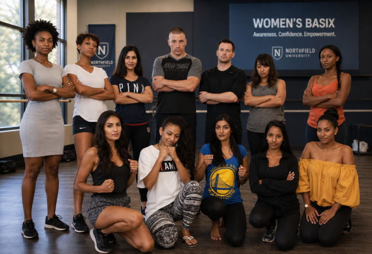 Gus Bottazzi and Eric posing with students during a Women’s Basix self-defense class in a training studio.