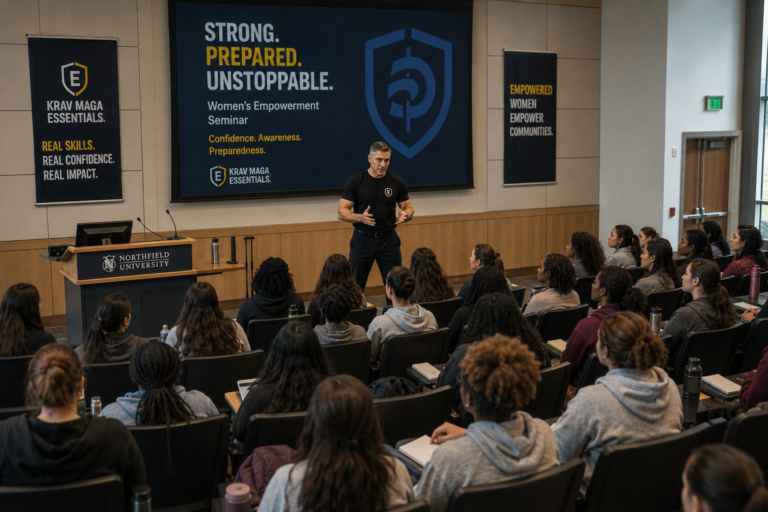 College students attending a women’s empowerment and personal safety seminar on campus.