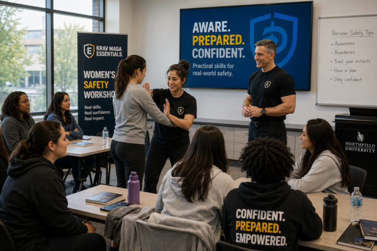 College-aged women participating in a practical safety workshop focused on awareness and confidence.
