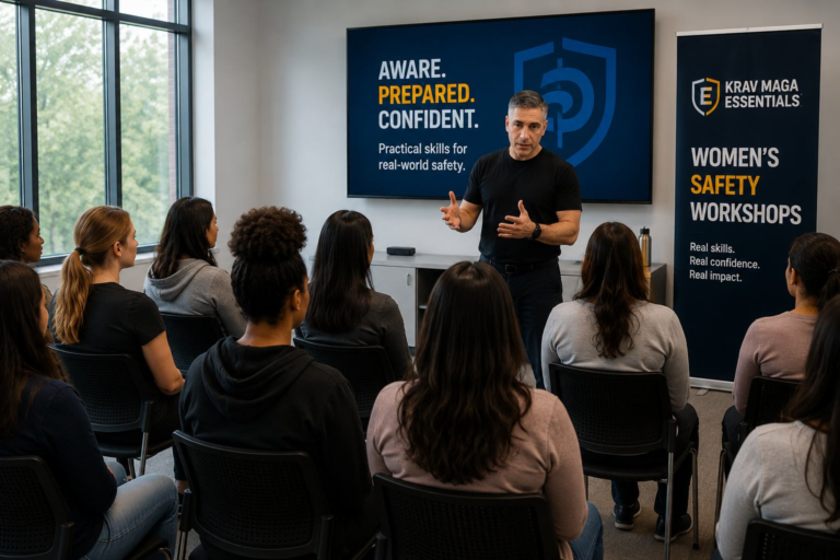 Instructor leading a women’s safety workshop for college students in a classroom setting with Krav Maga Essentials branding and presentation screens focused on awareness, preparedness, and confidence.